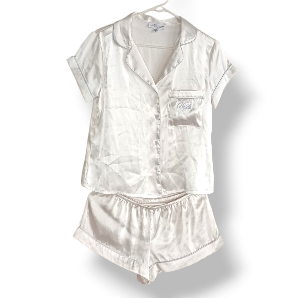 In Bloom White Satin Bridal Pajama Set Shorts Button Down Embroidered Wedding SM